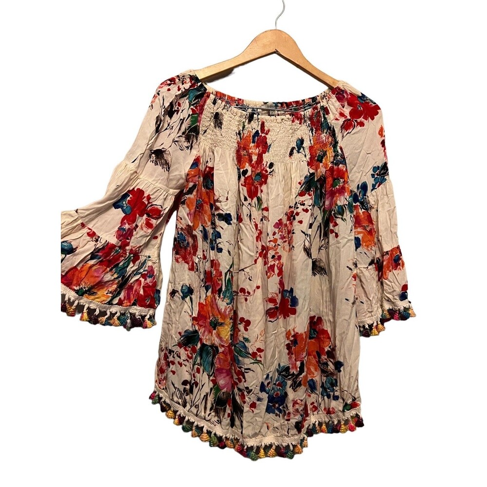 Jodifl floral flare sleeves Pom Pom Accents Multi Color Top Shirt Womens size M